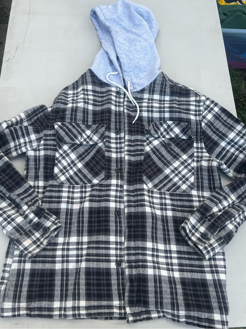 H&M Black & White Plaid Flannel Shirt with Gray Hood